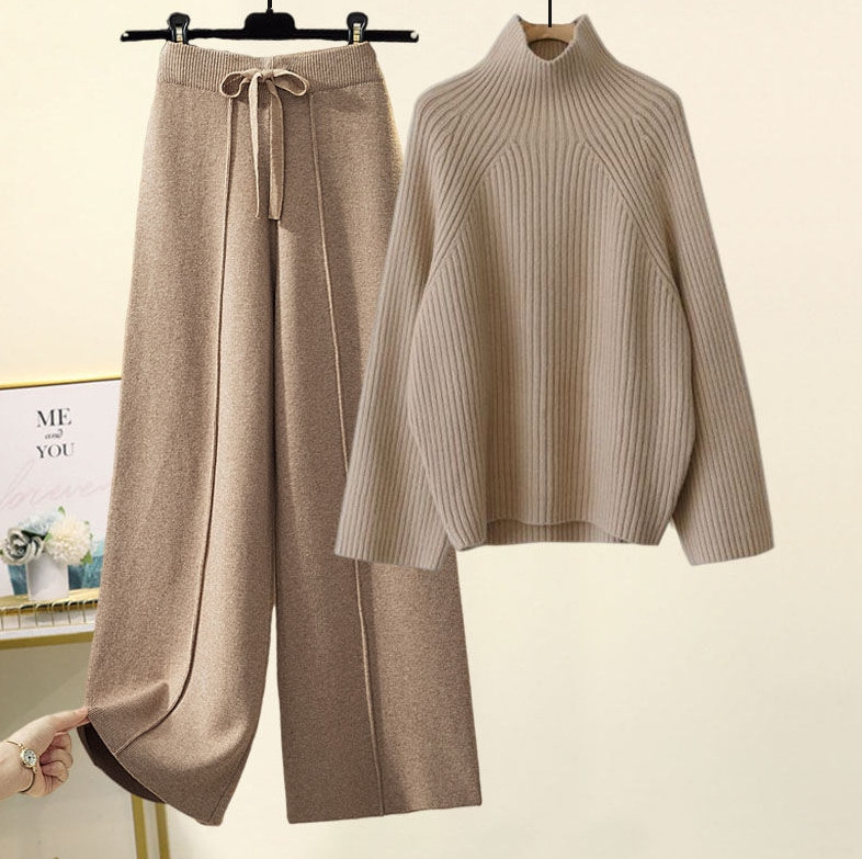 Korean loose thick knit pullover sweater and wide leg ladies solid color two piece pant sweater set