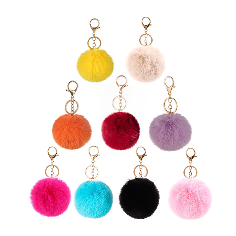 Full colors fashion pom pom cute puffy bunny plush fluffy furball keychain pompon fur ball key chain