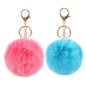 Full colors fashion pom pom cute puffy bunny plush fluffy furball keychain pompon fur ball key chain