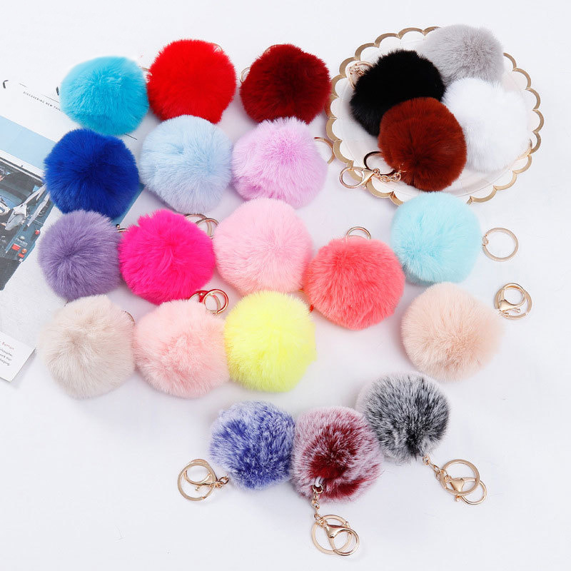 Full colors fashion pom pom cute puffy bunny plush fluffy furball keychain pompon fur ball key chain