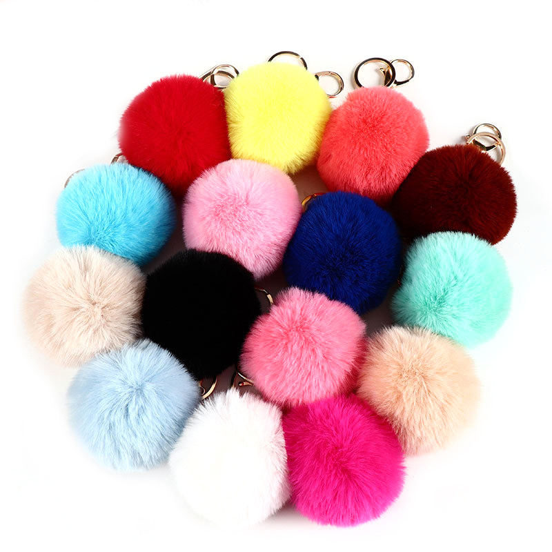 Full colors fashion pom pom cute puffy bunny plush fluffy furball keychain pompon fur ball key chain