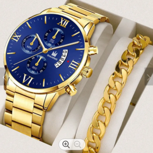 YuSa 327 Ready Stock Rome Face Quartz Watch For Men Date Gold 2pcs Stainless Steel Luxury Watches Men & Bracelet