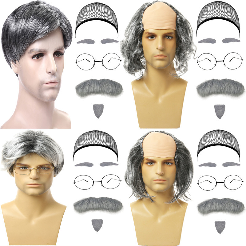 Halloween Cosplay Grandpa Children'S Performance Wig Simulation Elderly Bald White Hair Wig False Beard