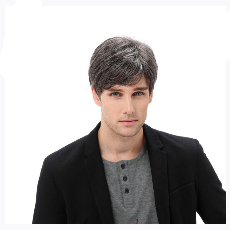 Wholesale Handsome Grey Male Style High Quality Men Full Cap Short Wig For Men Natural Toupee