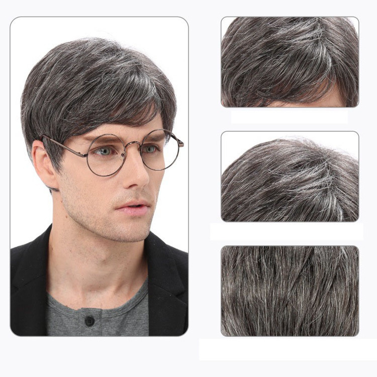 Wholesale Handsome Grey Male Style High Quality Men Full Cap Short Wig For Men Natural Toupee