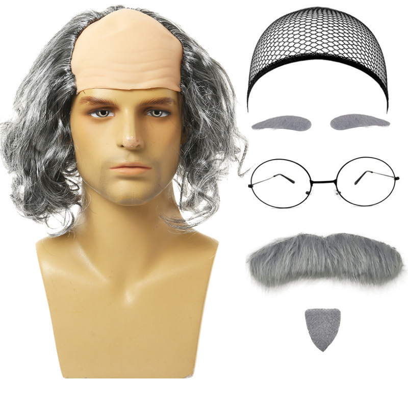 Halloween Cosplay Grandpa Children'S Performance Wig Simulation Elderly Bald White Hair Wig False Beard