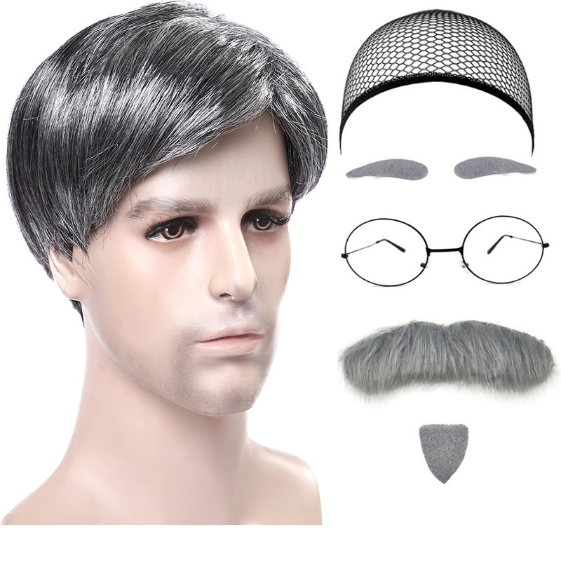 Halloween Cosplay Grandpa Children'S Performance Wig Simulation Elderly Bald White Hair Wig False Beard