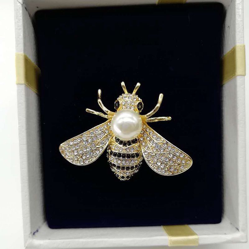 Chic Jewelry Vintage Queen Broach Pin Crystal Rhinestone Pearl Gold Plated Bug Insect Honey Bee Brooch for Women Accessory Gift