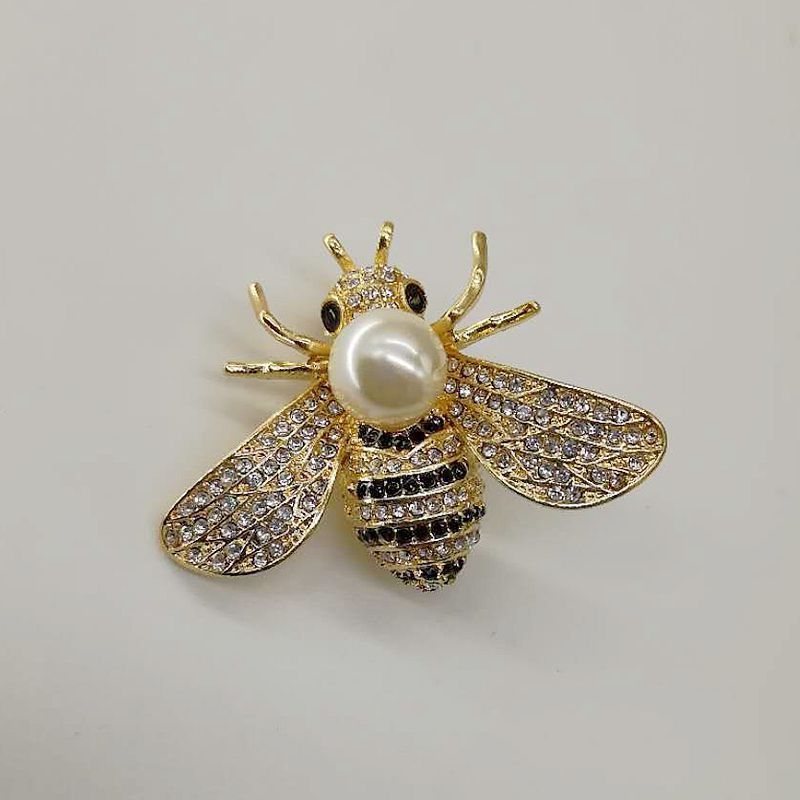 Chic Jewelry Vintage Queen Broach Pin Crystal Rhinestone Pearl Gold Plated Bug Insect Honey Bee Brooch for Women Accessory Gift