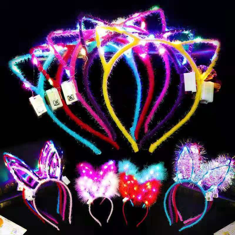 Hot Led Light up Cat Rabbit Ears Luminous Headband Plush Glowing Hair Band Halloween Christmas Holiday Party Headwear