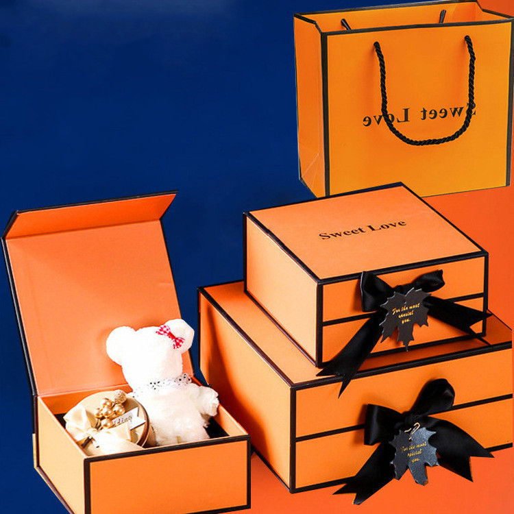 2022 Custom Luxury Paper Gift Box Packaging Orange Bow-Knot Small Square Folding Box for Clothing Packaging