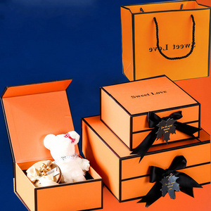 2022 Custom Luxury Paper Gift Box Packaging Orange Bow-Knot Small Square Folding Box for Clothing Packaging