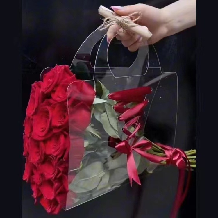 New Floral Packaging Valentine's Day Simple Portable PET PVC Transparent Gift Bouquet Flower Bag with Handle