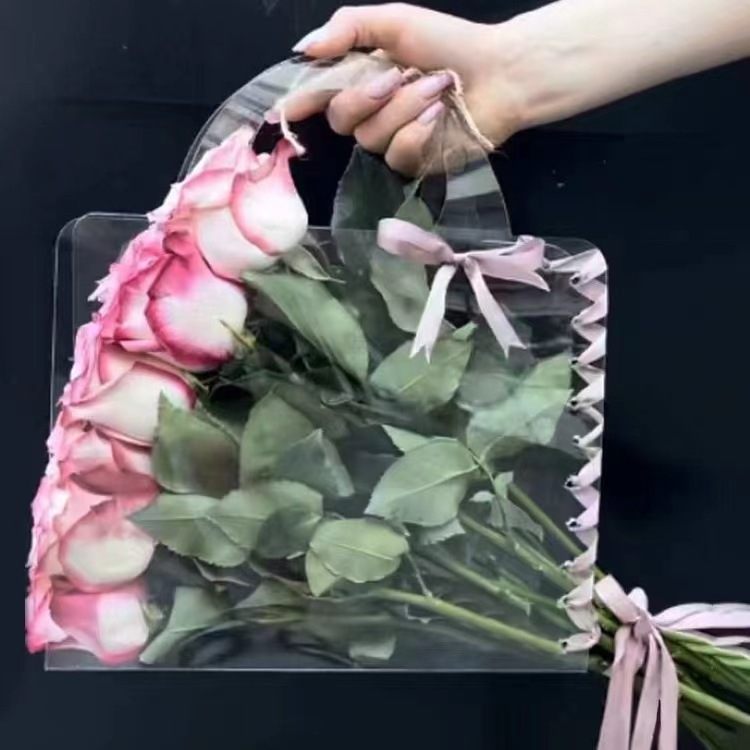 New Floral Packaging Valentine's Day Simple Portable PET PVC Transparent Gift Bouquet Flower Bag with Handle