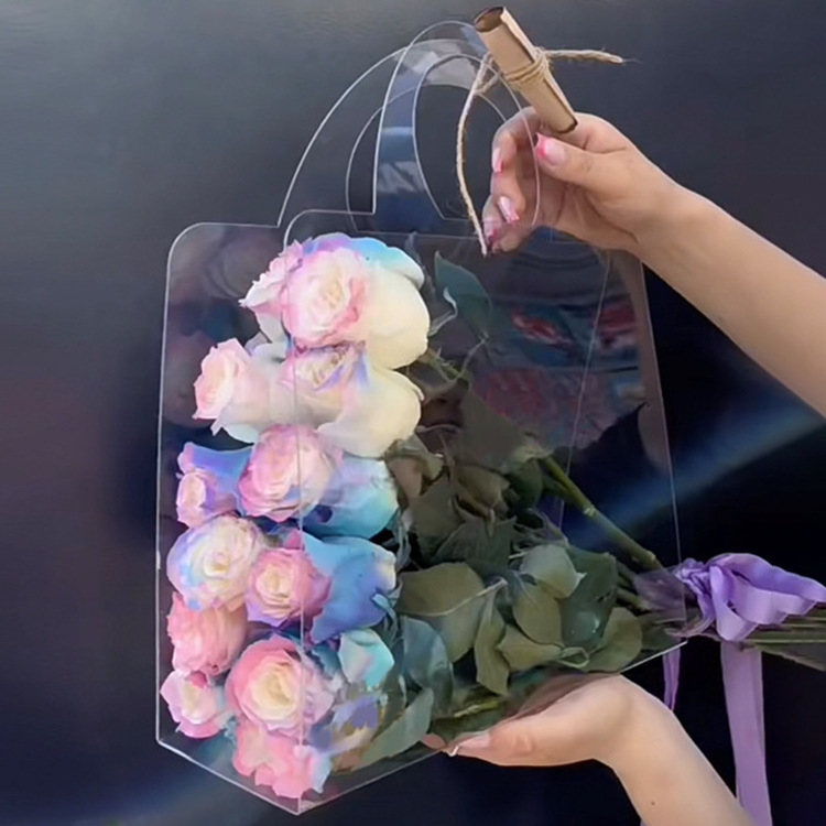 New Floral Packaging Valentine's Day Simple Portable PET PVC Transparent Gift Bouquet Flower Bag with Handle