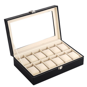 Manufacturer Watch Jewelry Case 12 Slot Women Men Black Leather Watch Box with Velvet Pillow