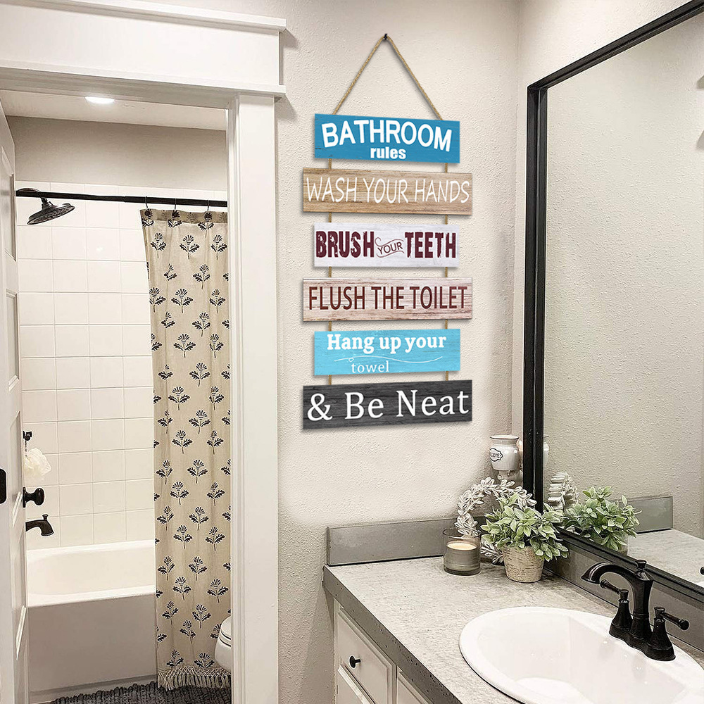 American Rustic Bathroom Rule Quotes Plaque Home Family Bath Placard Decor Custom Hanging Wooden Wall Sign