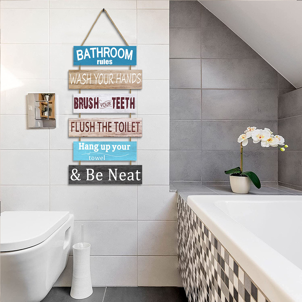 American Rustic Bathroom Rule Quotes Plaque Home Family Bath Placard Decor Custom Hanging Wooden Wall Sign