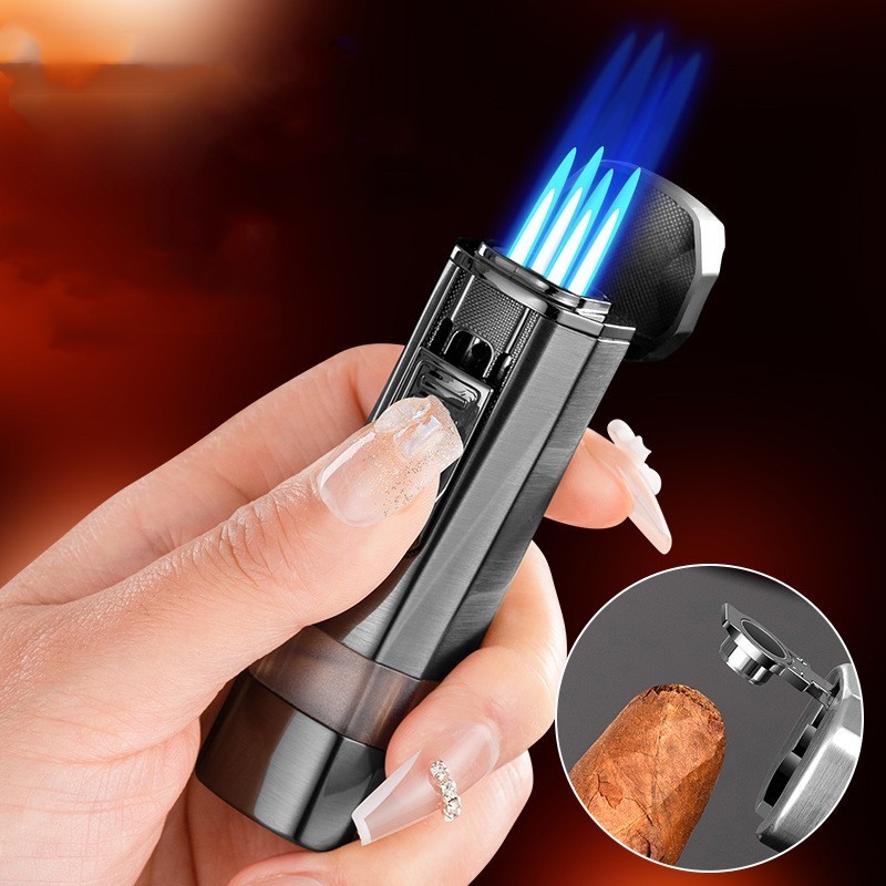 Four Torches Direct Strong Blue Fire Transparent Oil Tank With Cigar Knife Small Spray Gun Lighter For BBQ Kitchen Outdoor Tool  1