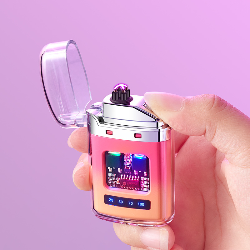 Transparent Shell Electronic Pulse Power Display Double Arc USB-C Rechargeable Lighters