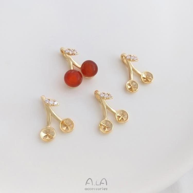 14k Gold Plated Long Lasting Color Retention Zirconium Inlaid Cherry Shaped Empty Tray Diy Pendant