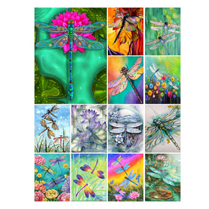 Colored Dragonfly with Lotus Dandelion Flowers Full Square Diamond Paint Arts Home Wall Decor Gift DIY 5D Diamond Painting Kits