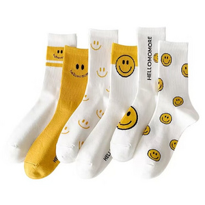 Korean Trendy Yellow Big Smiling Face Letters Students Teen Girls Stockings Fancy Smile Women Sport Cotton Socks