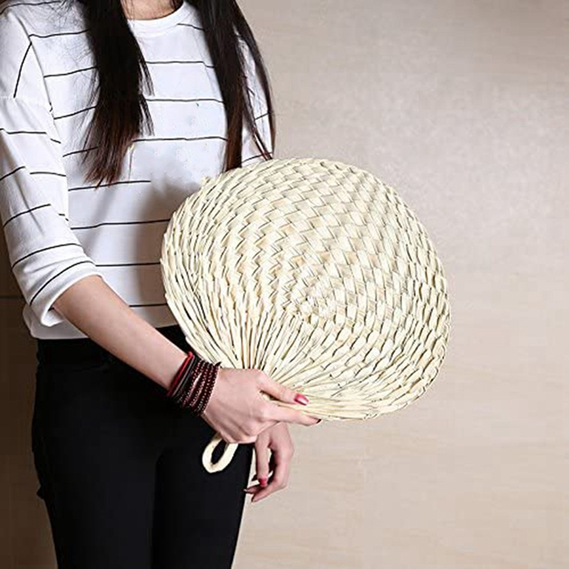 Traditional Chinese Craft Natural Color Bamboo Raffia Fan Summer Hand Palm Leaf Straw Cane Rattan Woven Fans