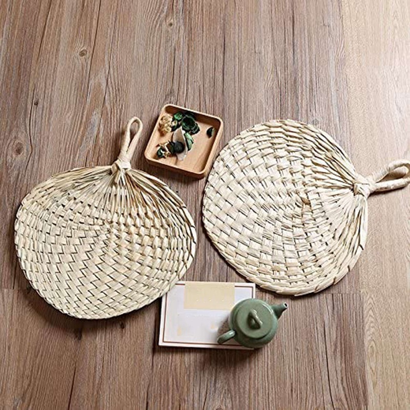 Traditional Chinese Craft Natural Color Bamboo Raffia Fan Summer Hand Palm Leaf Straw Cane Rattan Woven Fans