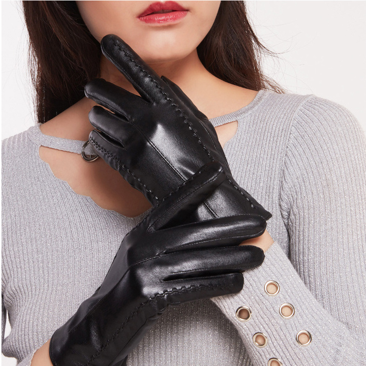 Women's winter Great Wall flower warm full fingers touch screen driving cycling PU leather gloves