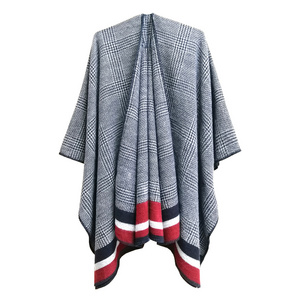 New Arrival knitted women acrylic tippet knitting pattern fanon plaid striped poncho