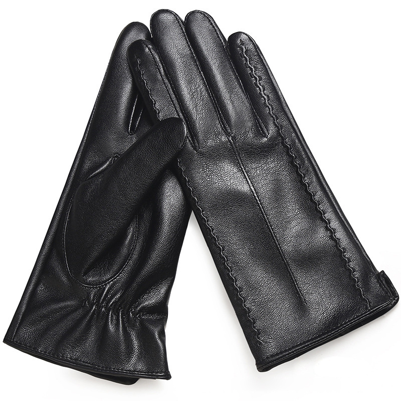 Women's winter Great Wall flower warm full fingers touch screen driving cycling PU leather gloves