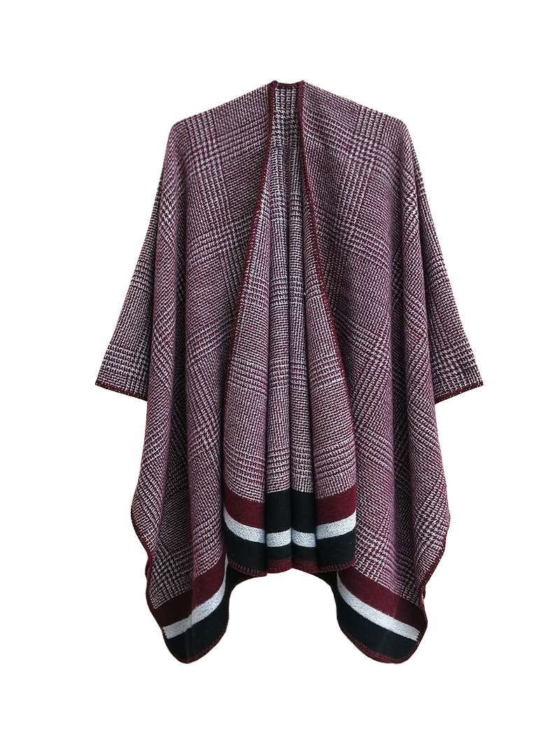 New Arrival knitted women acrylic tippet knitting pattern fanon plaid striped poncho