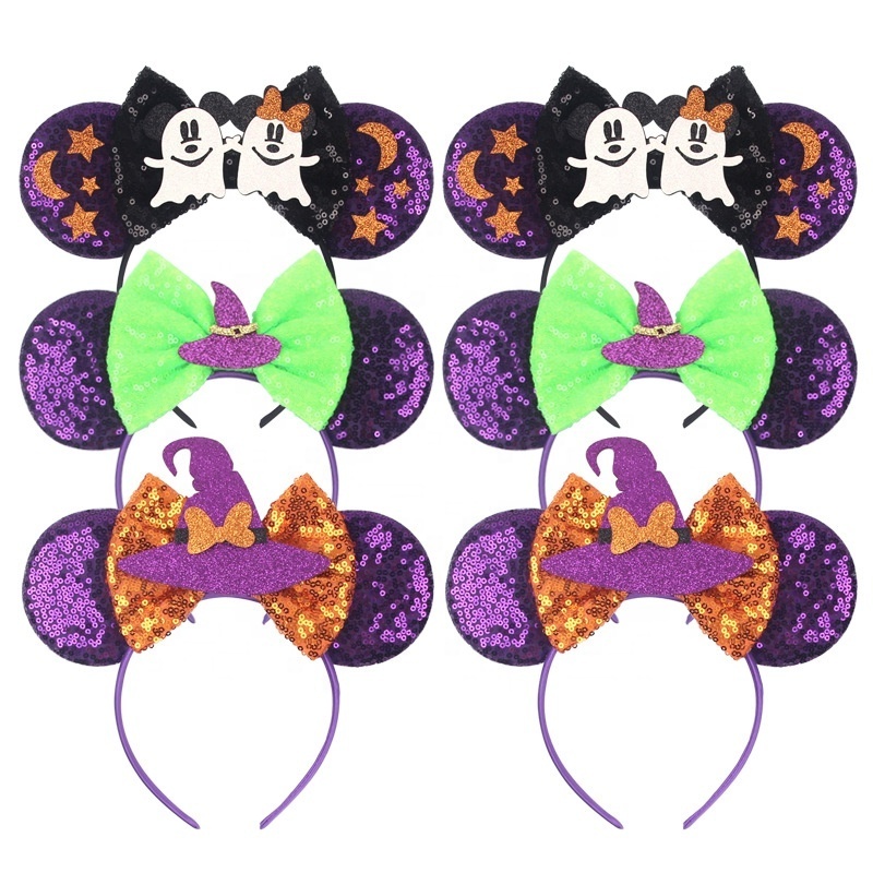 Wholesale Kid Adult Halloween Costume Accessories Ghost Witch Hat Sequin Mickey Mini Mouse Headband for Women Girls