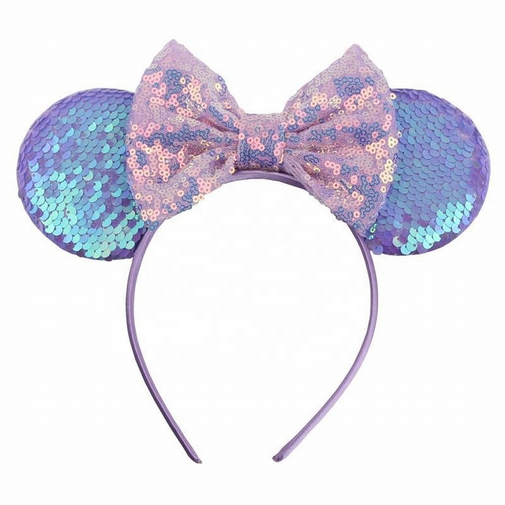 Wholesale Big Glitter Reversible Sequins Mickey Ears Bow Headband Girls Hairband Kids Party Head Wear for Girls