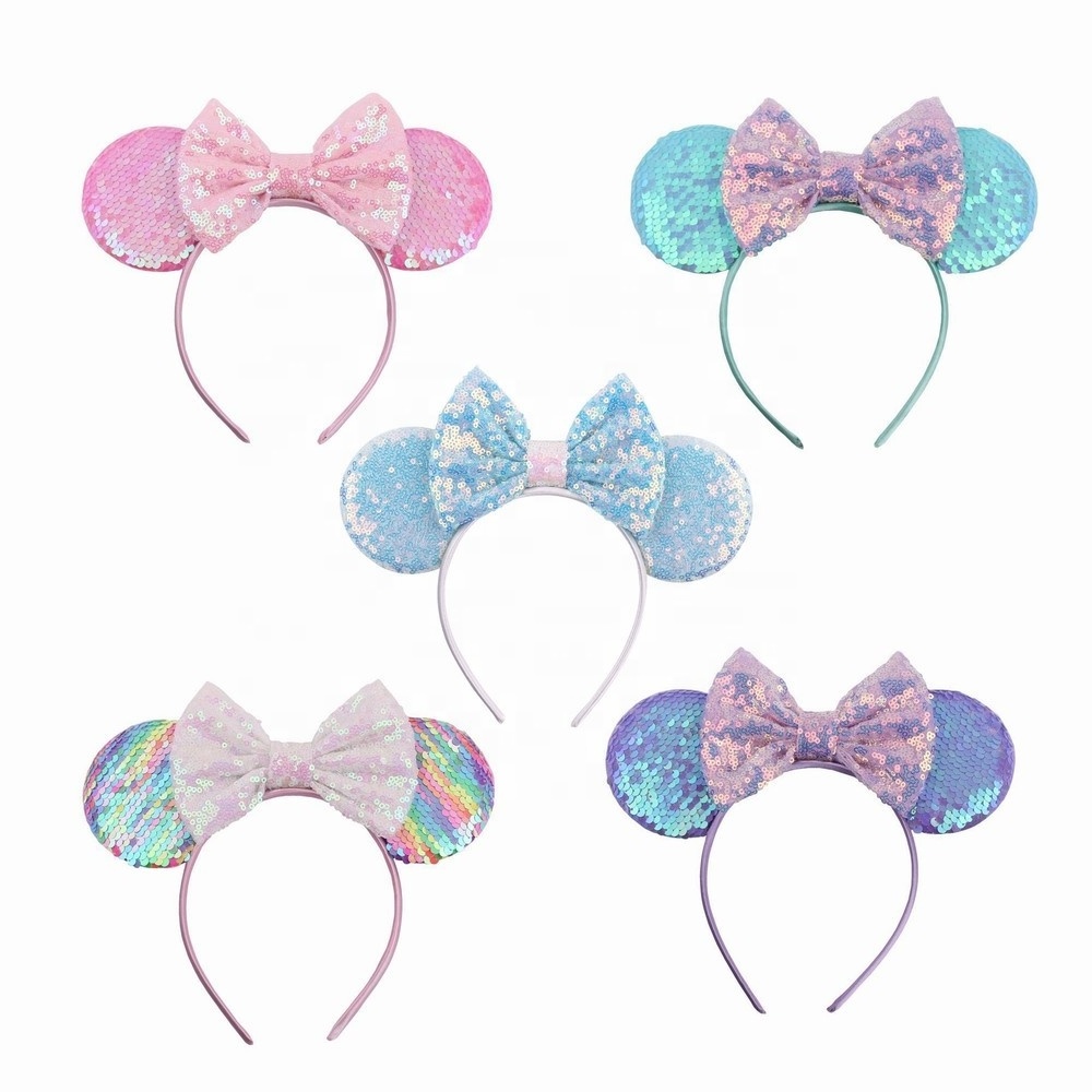 Wholesale Big Glitter Reversible Sequins Mickey Ears Bow Headband Girls Hairband Kids Party Head Wear for Girls