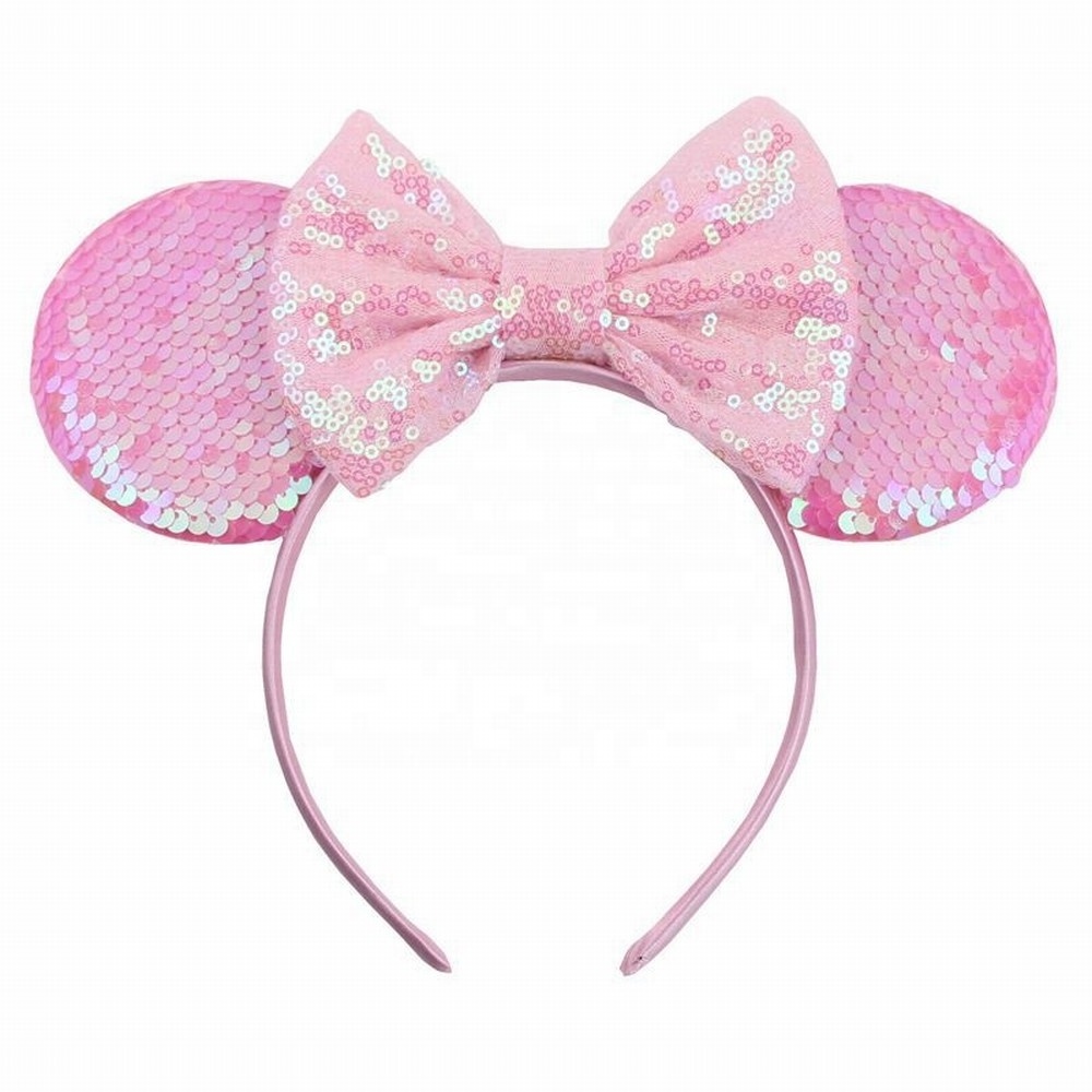 Wholesale Big Glitter Reversible Sequins Mickey Ears Bow Headband Girls Hairband Kids Party Head Wear for Girls