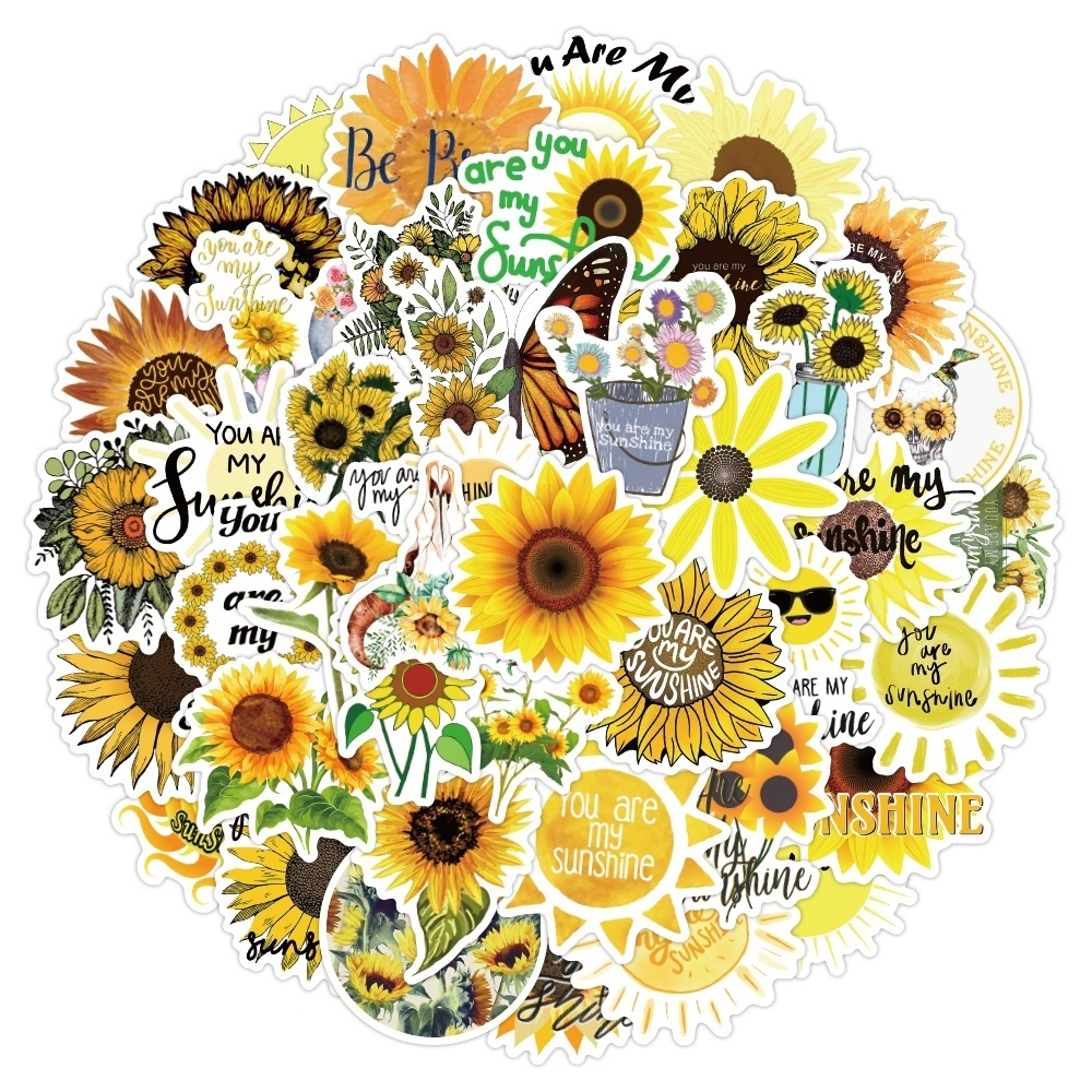 50pcs Cute Kawaii Fresh Sunflower Sunshine Flowers Decorative Sticker Packs For Notebook Luggage Laptop Wall Window Decal