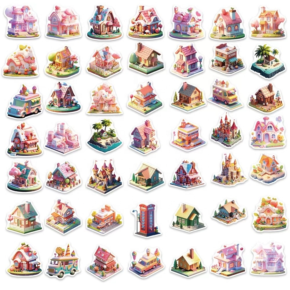 50pcs cartoon house waterproof PVC graffiti sticker packs for kids laptop skateboard luggage notebook cup bottle DIY decoration