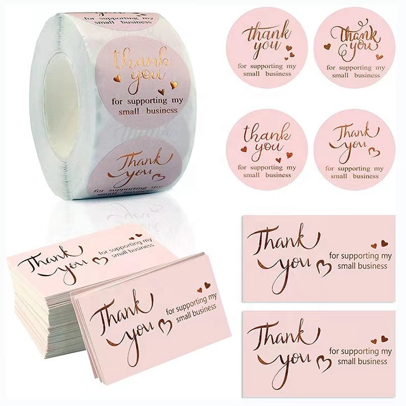 PVC adhesive sticker postcard custom pink card Thank You for bronzing gold round roll sealing paste