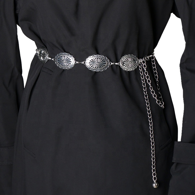 Vintage fashion western women's silver metal oval peacock chain belt