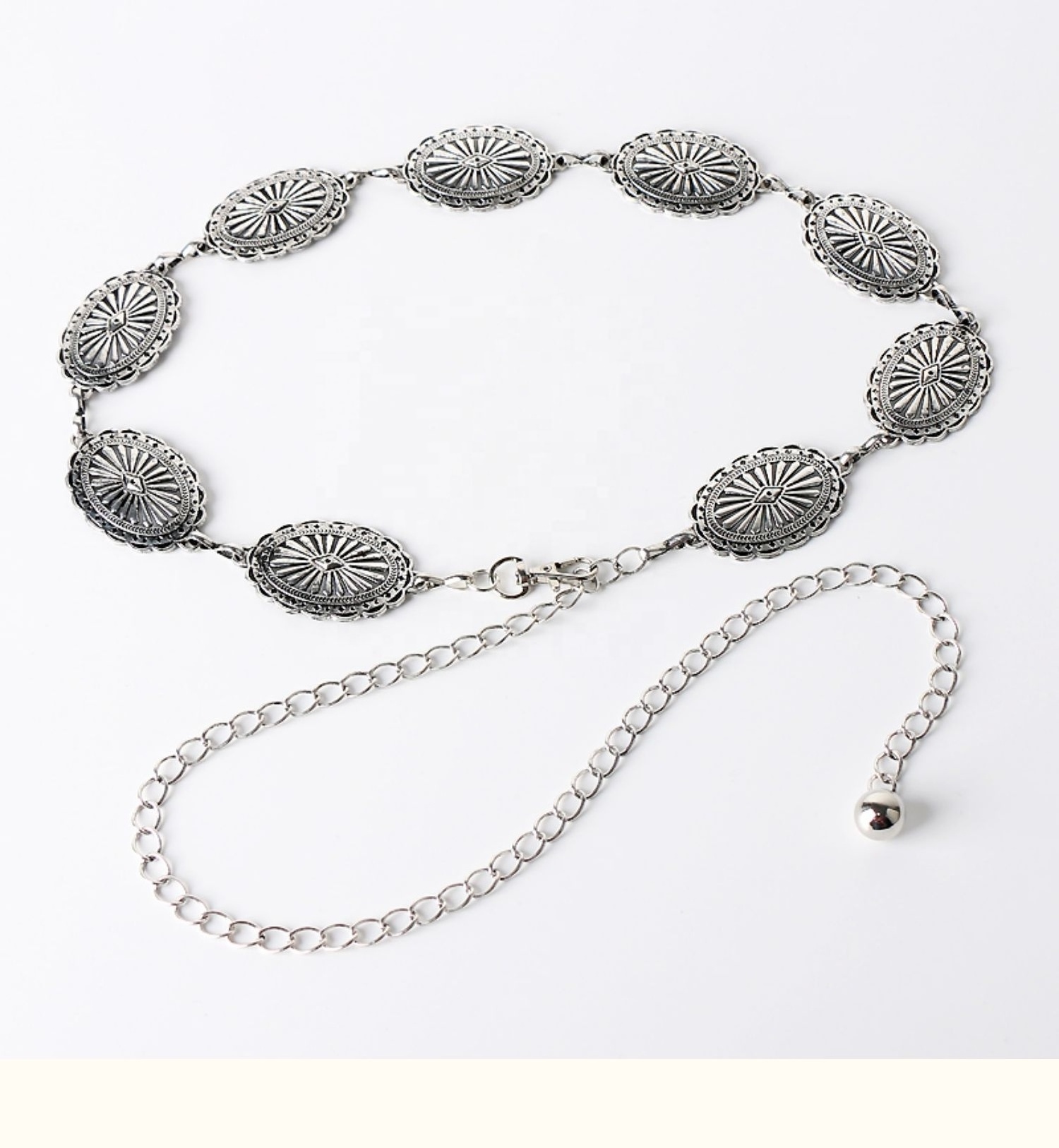 Vintage fashion western women's silver metal oval peacock chain belt