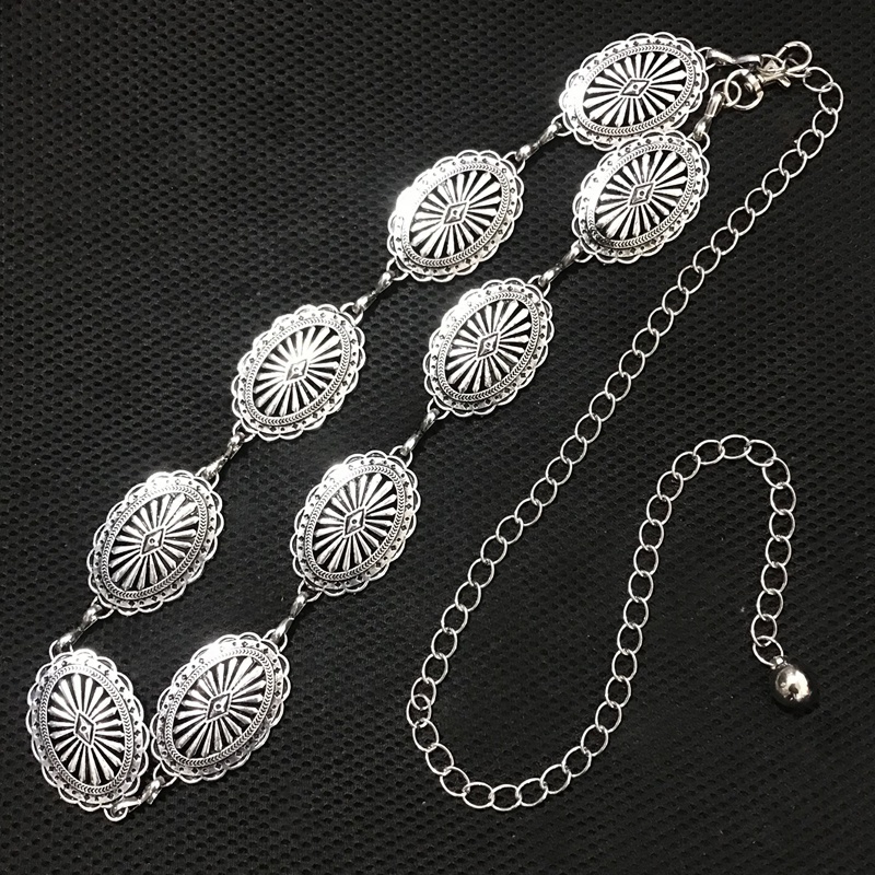 Vintage fashion western women's silver metal oval peacock chain belt