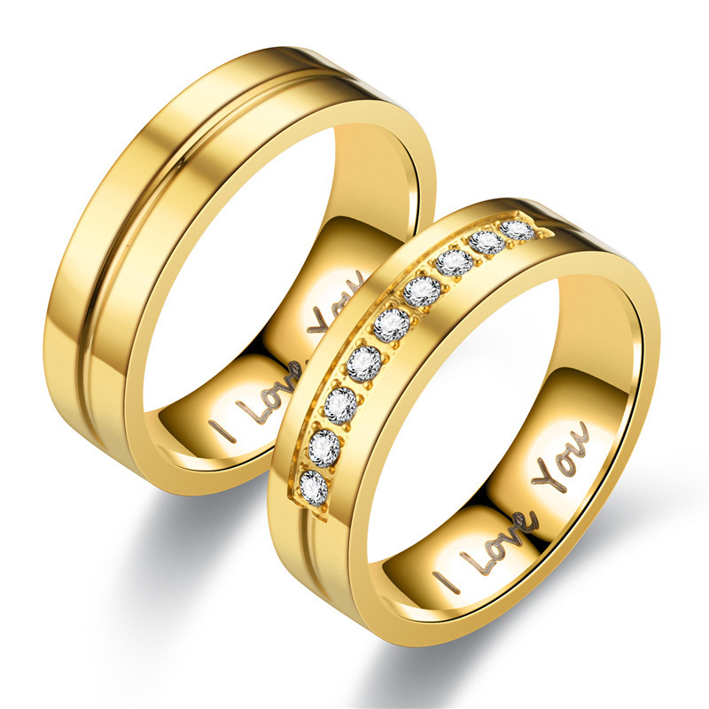 Romantic Carve I Love You Letter Finger Rings for Couple 18K Gold Plated Stainless Steel Diamond Inlay Round Rings