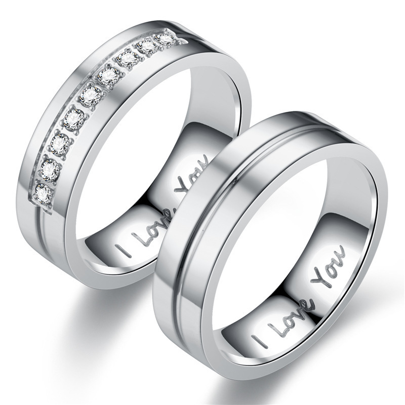 Romantic Carve I Love You Letter Finger Rings for Couple 18K Gold Plated Stainless Steel Diamond Inlay Round Rings