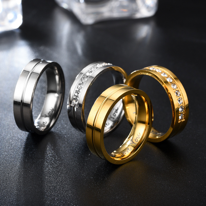 Romantic Carve I Love You Letter Finger Rings for Couple 18K Gold Plated Stainless Steel Diamond Inlay Round Rings