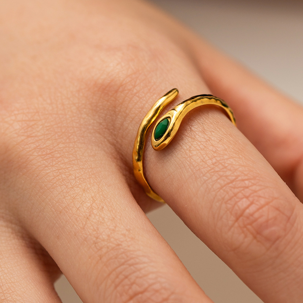 Serpentine irregular lava Fluid Metal Natural Horse Eye Stone Ring 18K gold plated stainless steel opening ring