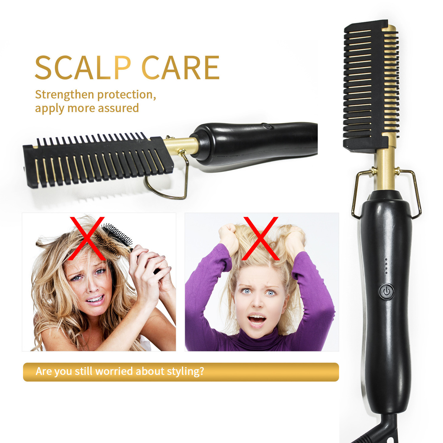 Hot Sell Hair Heat Pressing Curling Ceramic Security Curling Flat Iron Heated Brush 2 In 1Electric Straightening Comb