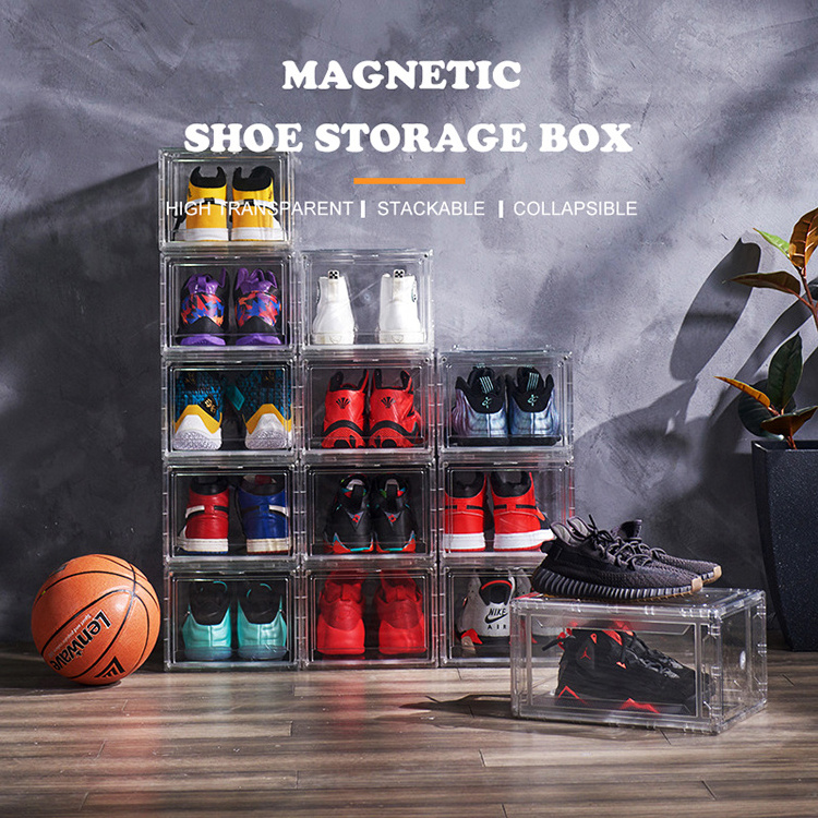 Clear PET Shoes Box Plastic Storage Container Organizer Bins Display Magnetic Drop Front Open Sneaker Shoe Storage Box Stackable