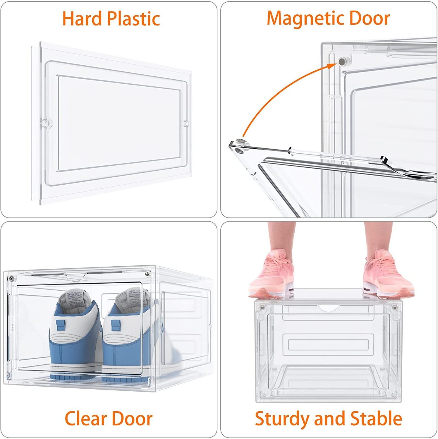 Clear PET Shoes Box Plastic Storage Container Organizer Bins Display Magnetic Drop Front Open Sneaker Shoe Storage Box Stackable